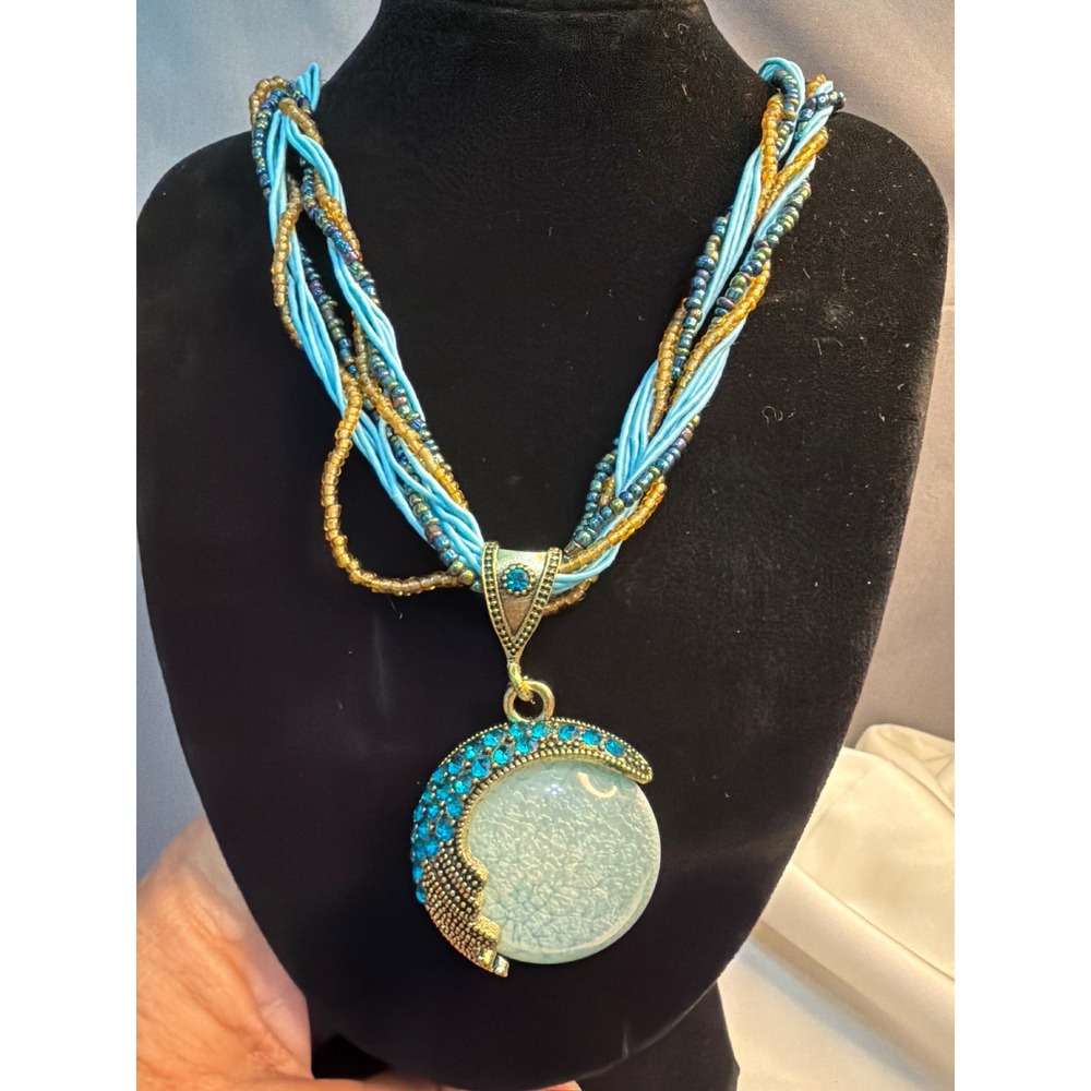 Boho Multi Strand Beaded Necklace Blue Rhinestone Crescent Moon Pendant Gold
